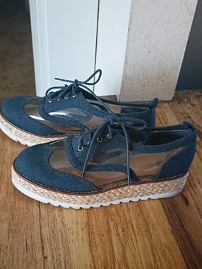 Shoe Dazzle Denim Blue Lace-Up Espadrille Wedge Sneakers